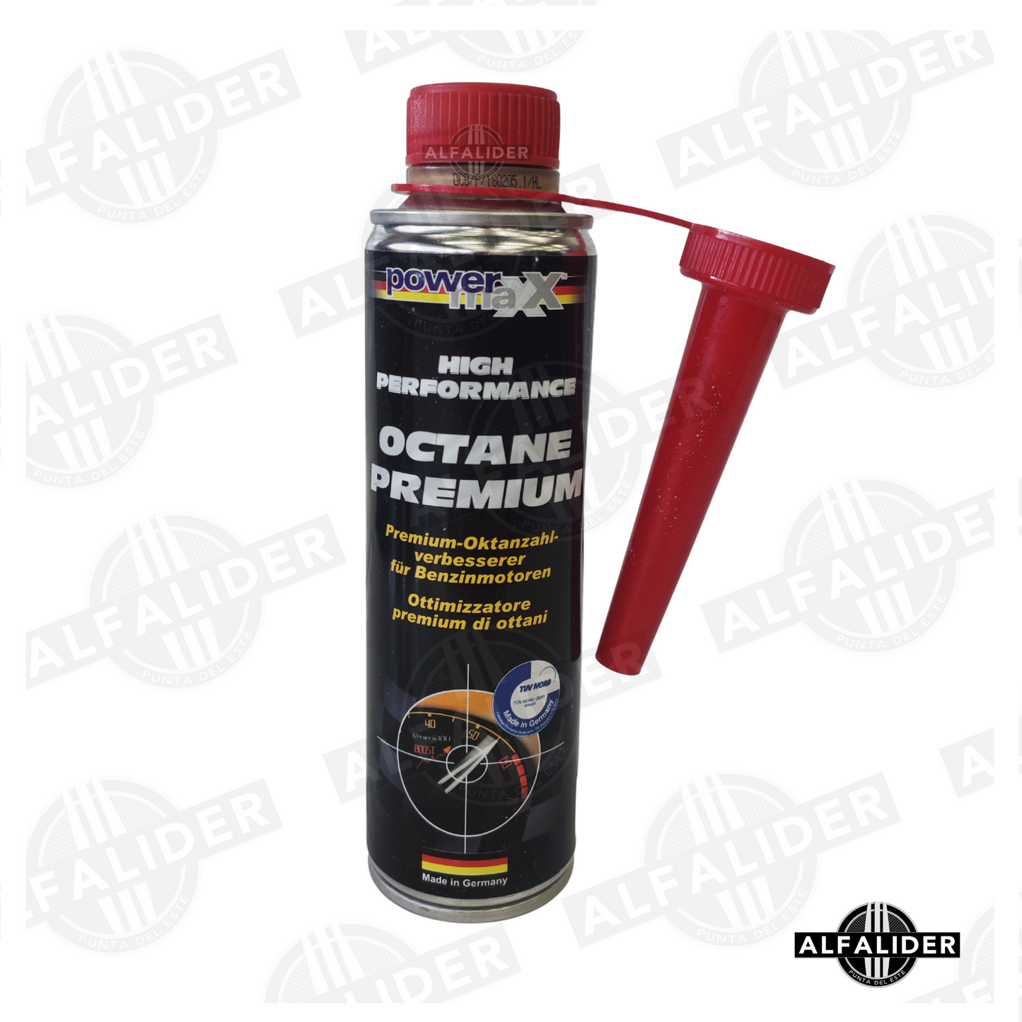 Botella de aditivo Power-maX Octane Premium para gasolina, aumenta octanaje y previene el “ping” en motores de alto rendimiento.