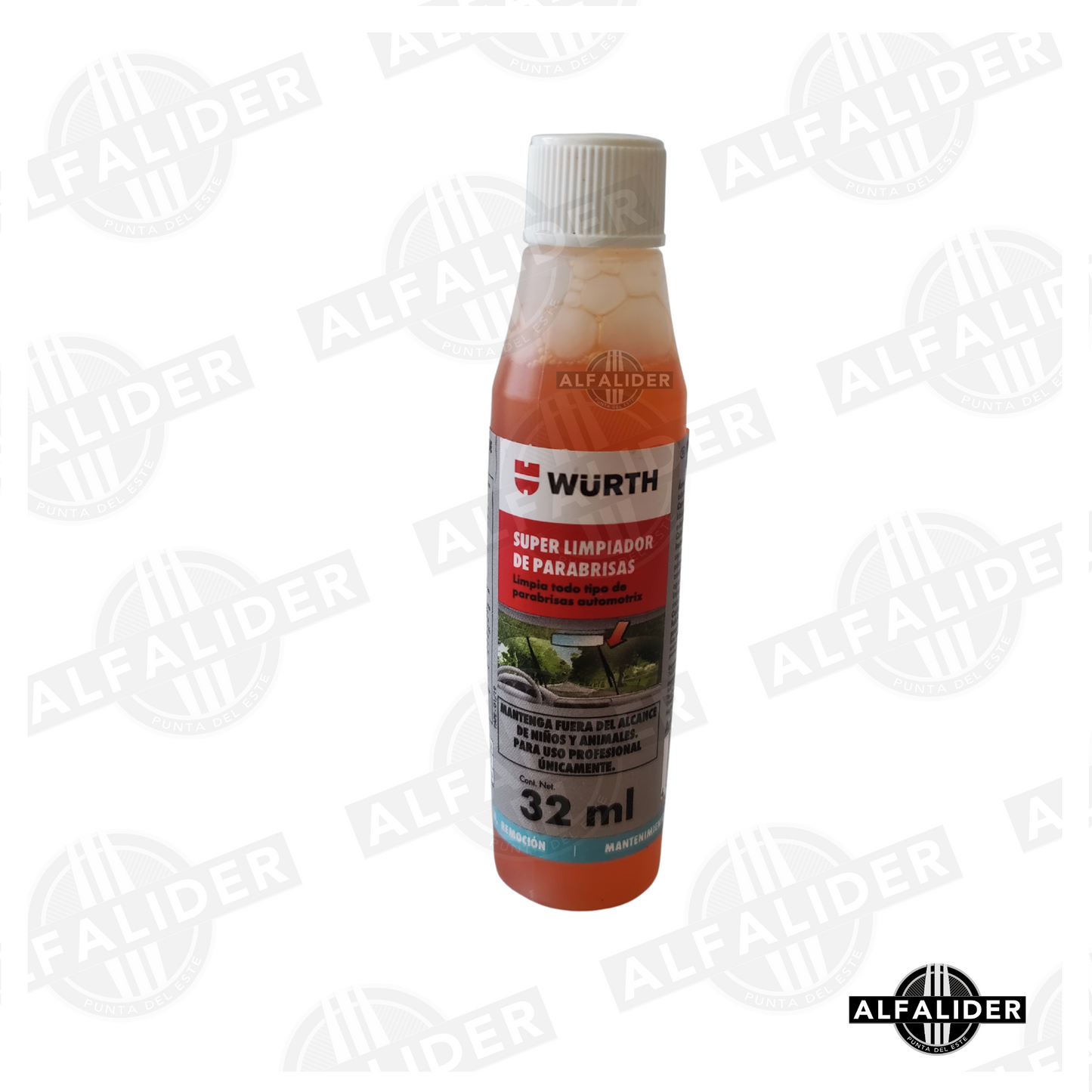 Envase 32 ml superlimpiador de parabrisas concentrado Würth, fórmula para diluir que elimina insectos, grasa y suciedad difícil.