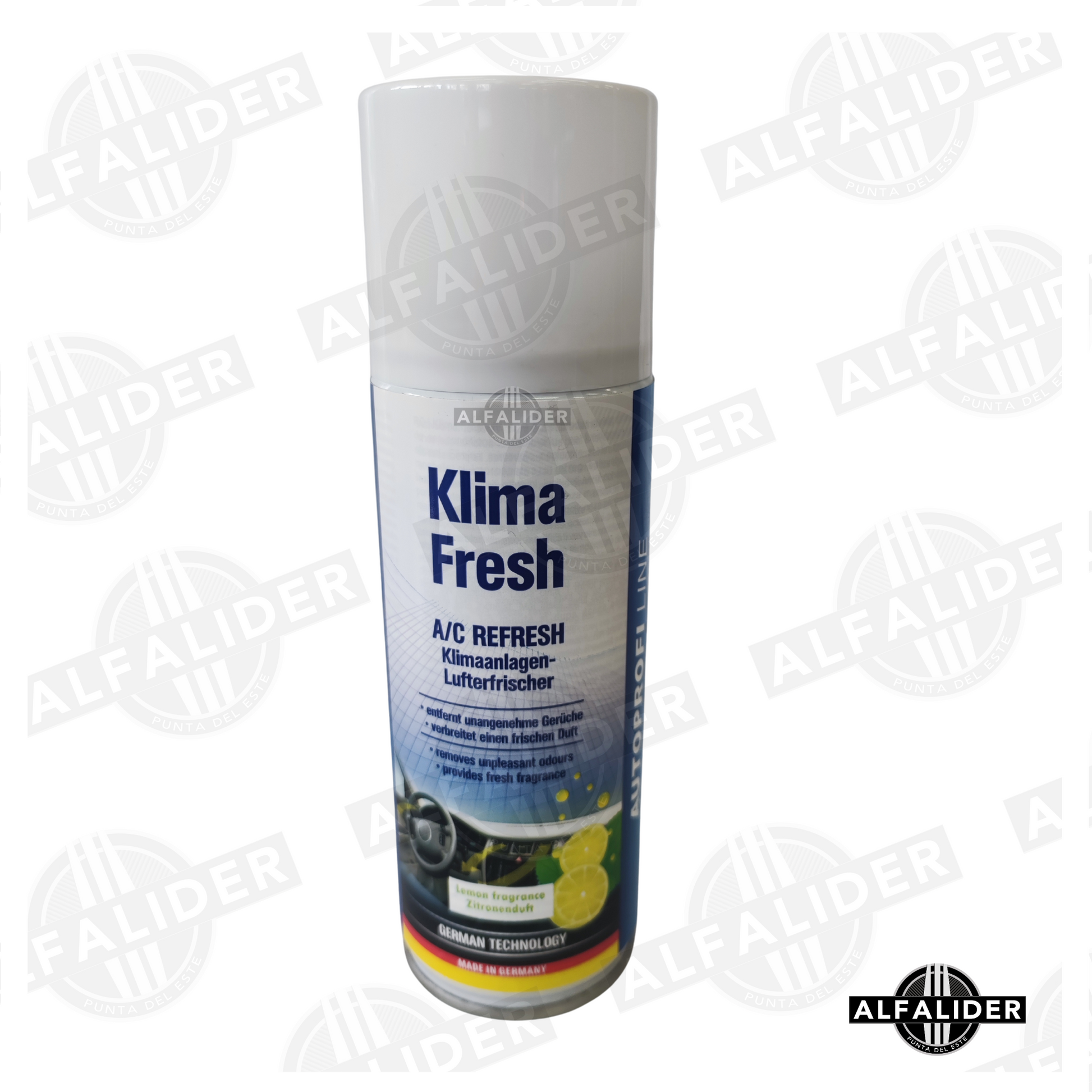 Aerosol Klima Fresh A/C Refresh 150 ml para eliminar olores y bacterias del aire acondicionado, dejando el interior del auto fresco.